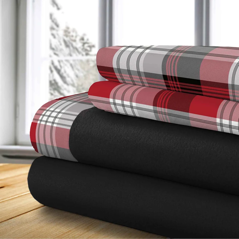 Ensembles de draps doubles thérapeutiques à carreaux classiques rouges et noirs, 4 pièces