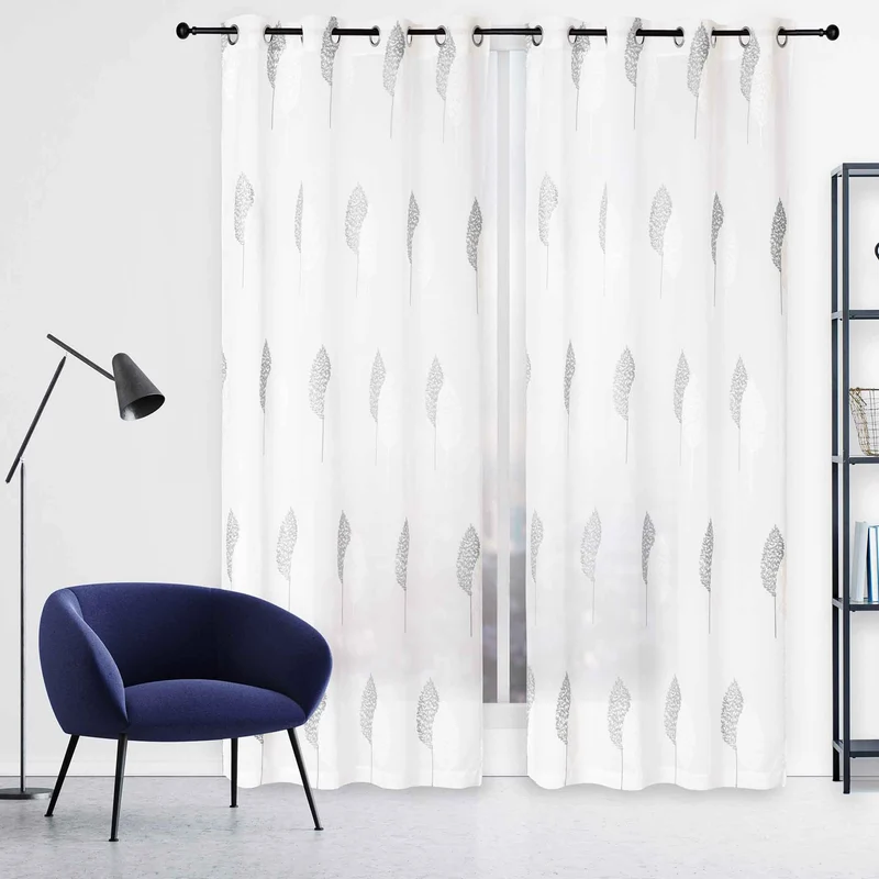Rideau brodé avec motif de double feuille, blanc et gris