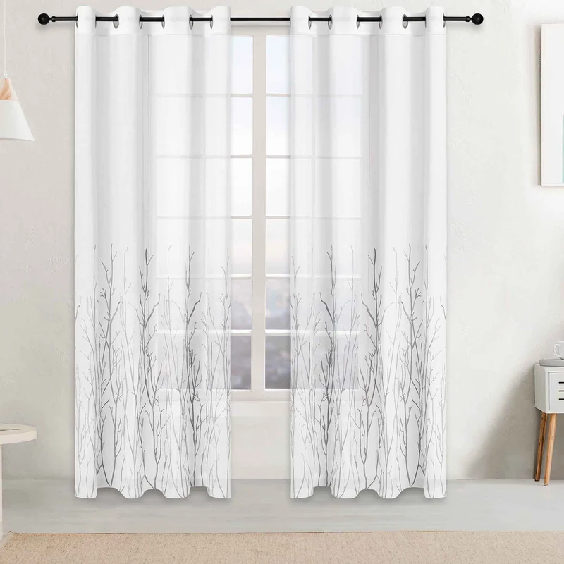 Rideau de voilage brodé avec motif de branches, gris clair