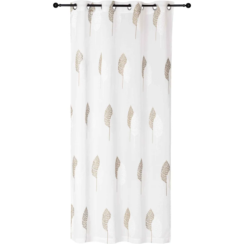 Rideau brodé avec motif de double feuille, blanc et taupe