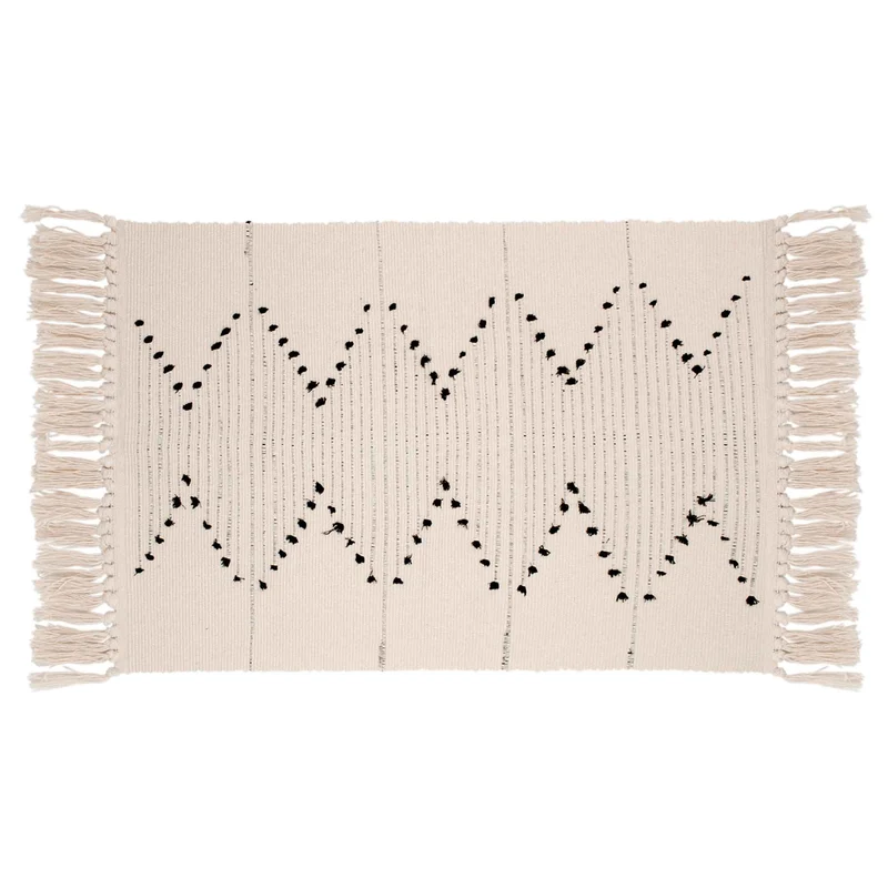 Tapis beige à motif noir avec franges, 40" x 23"