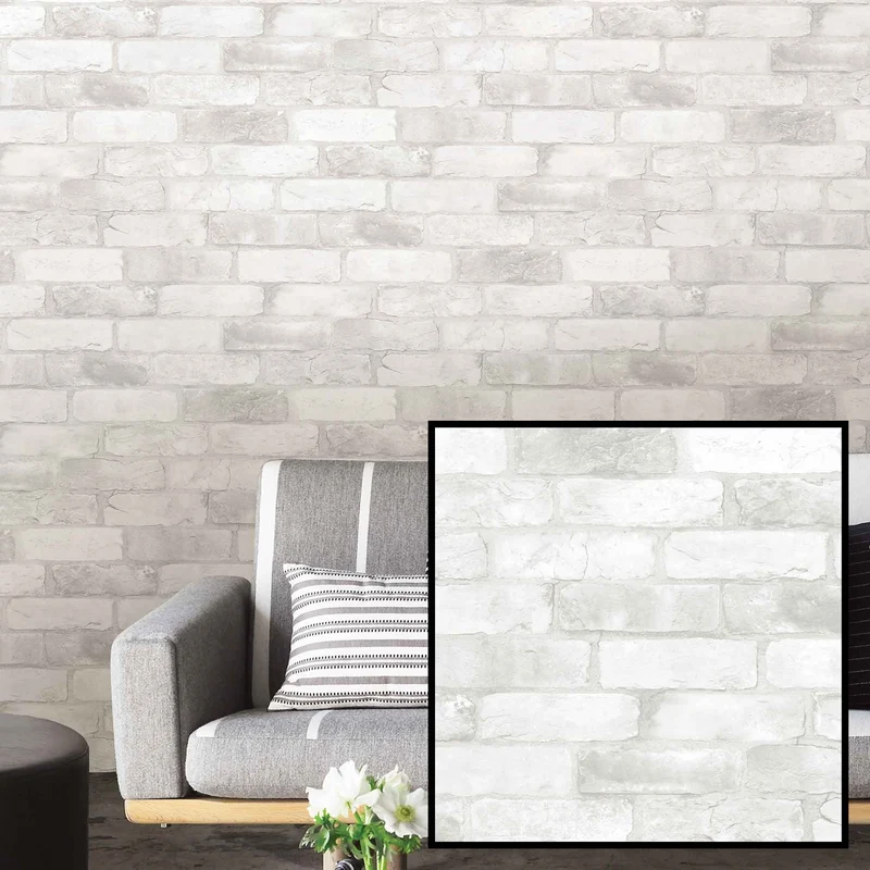 Papier peint ''peler et coller'' à motif de brique blanche, 20,5" x 18'