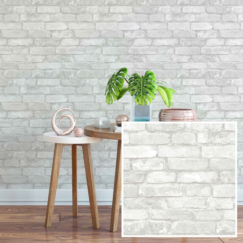 Papier peint ''peler et coller'' à motif brique grise et blanche, 20,5" x 18'