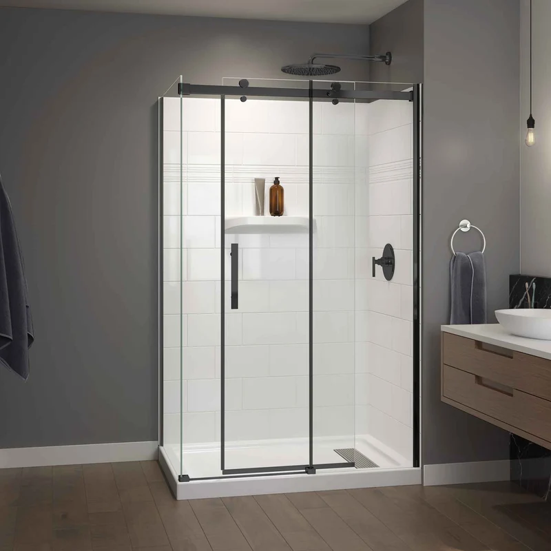 Douche moderne sans cadre avec porte coulissante réversible et panneau de côté, 48" x 36" x 78-1/8"