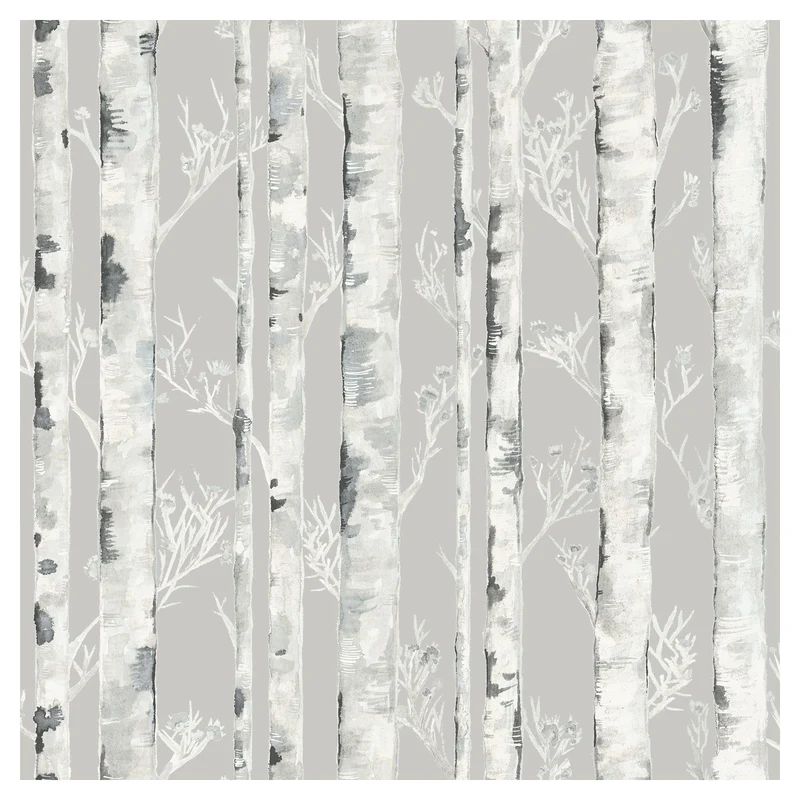 Papier peint adhésif à motif de bouleaux, 20,8" x 18' (gris et blanc)