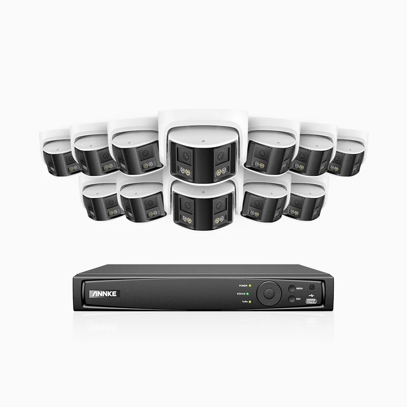 FDH600 - Kit de surveillance PoE 6MP à 16 canaux avec 12 caméras, double objectif, ultra grand angle 180°, super ouverture f/1.2, micro intégré, sirène et alarme actives, Détection Intelligente de Mouvement