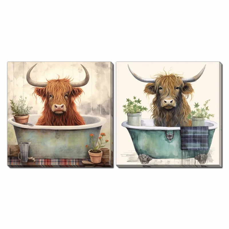 Ensemble de canevas de vaches Highland dans le bain, 16" x 16" (2 pièces)