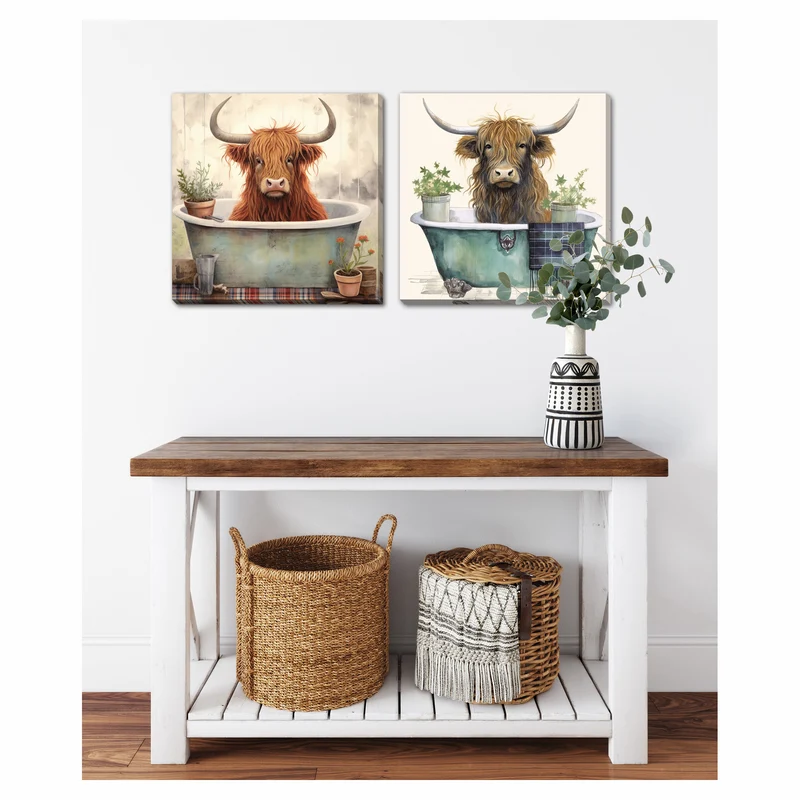 Ensemble de canevas de vaches Highland dans le bain, 16" x 16" (2 pièces)