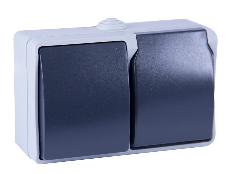 Interrupteur va et vient + prise 2P+T en saillie Aquatop IP54 - gris et blanc - Dio