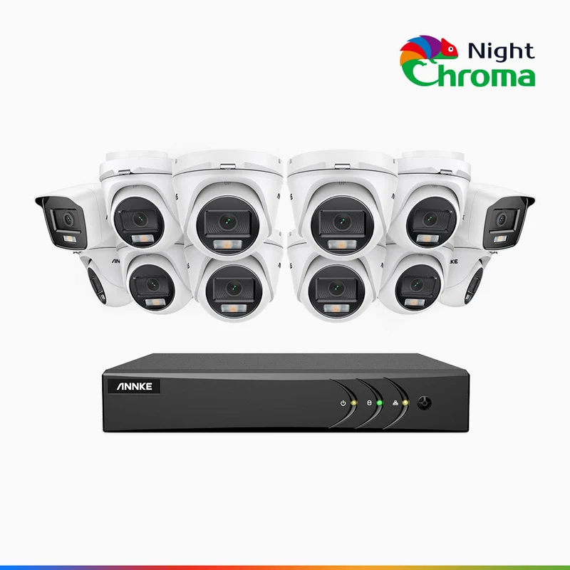 NightChroma TM NAK200 - Kit de surveillance 2MP à 16 canaux avec 2 caméras bullet et 10 caméras tourelle, vision nocturne polychrome Acme (0.0005 Lux)