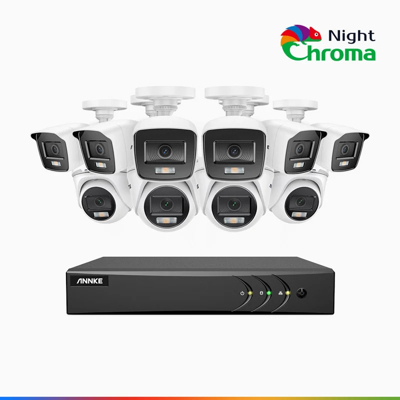 NightChroma TM NAK200 - Kit de surveillance 2MP à 16 canaux avec 6 caméras bullet et 4 caméras tourelle, vision nocturne polychrome Acme (0.0005 Lux)