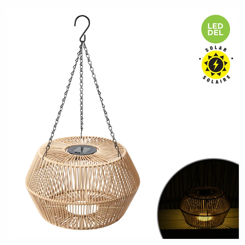 Lampe solaire suspendue avec abat-jour en rotin beige, 8" (20 cm)