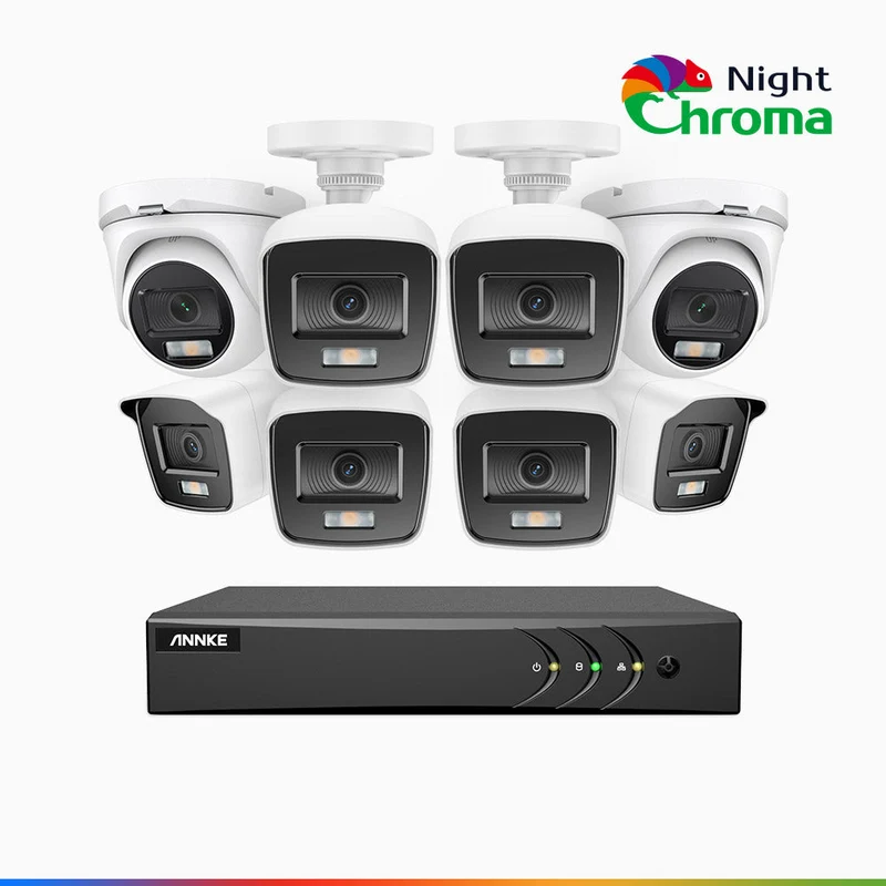 NightChroma TM NAK200 - Kit de surveillance 2MP à 8 canaux avec 6 caméras bullet et 2 caméras tourelle, vision nocturne polychrome Acme (0.0005 Lux)