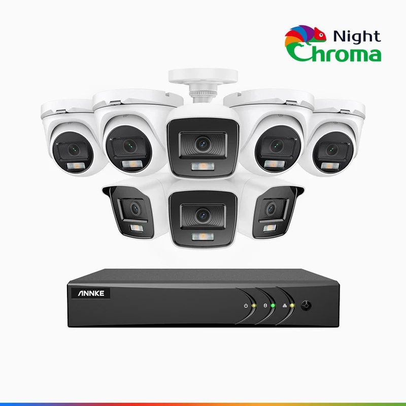 NightChroma TM NAK200 - Kit de surveillance 2MP à 8 canaux avec 4 caméras bullet et 4 caméras tourelle, vision nocturne polychrome Acme (0.0005 Lux)