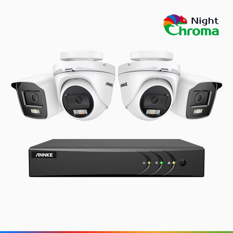 NightChroma TM NAK200 - Kit de surveillance 2MP à 8 canaux avec 2 caméras bullet et 2 caméras tourelle, vision nocturne polychrome Acme (0.0005 Lux)