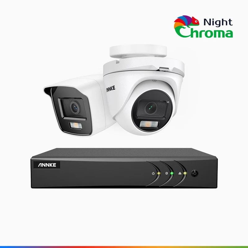 NightChroma TM NAK200 - Kit de surveillance 2MP à 8 canaux avec 1 caméra bullet et 1 caméra tourelle, vision nocturne polychrome Acme (0.0005 Lux)