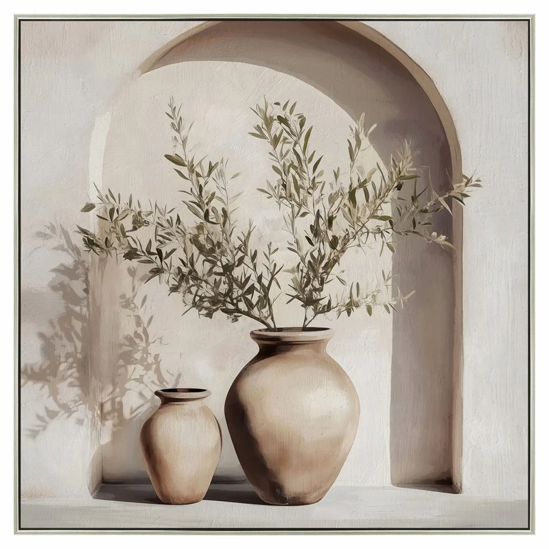 Toile avec cadre de deux vases en céramique, 36" x 36"
