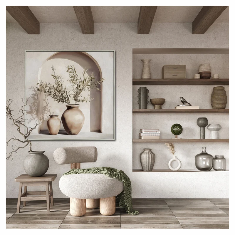 Toile avec cadre de deux vases en céramique, 36" x 36"