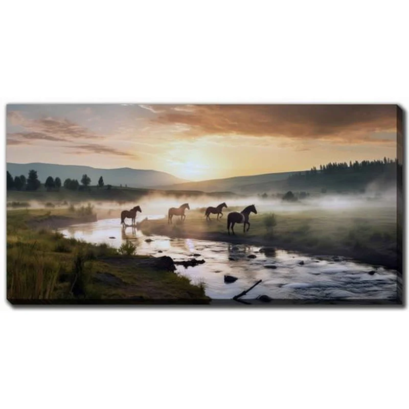 Impression sur toile montagnes au crépuscule avec chevaux, 40'' x 20''