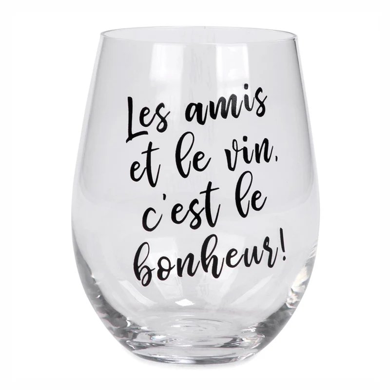Verre à vin sans pied avec inscription "Les amis et le vin, c’est le bonheur!"