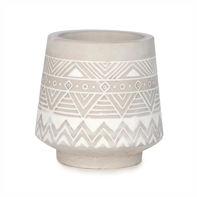 Bougeoir en ciment à motif aztèque, gris pâle et blanc