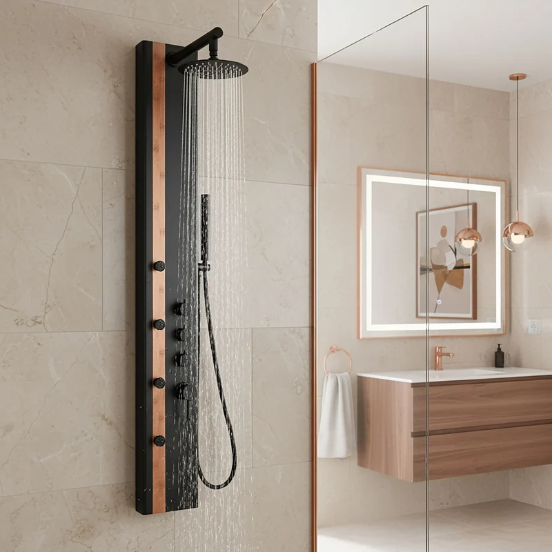 Colonne de douche noir mat avec finition en bambou en acier inoxydable, 18,35'' x 7,87" x 55,11"