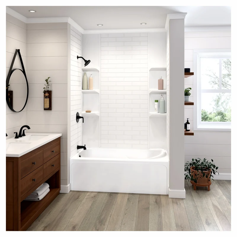 Mur de baignoire ou de douche à motif métro classique avec niches d’angle, 60'' x 36'' x 80''