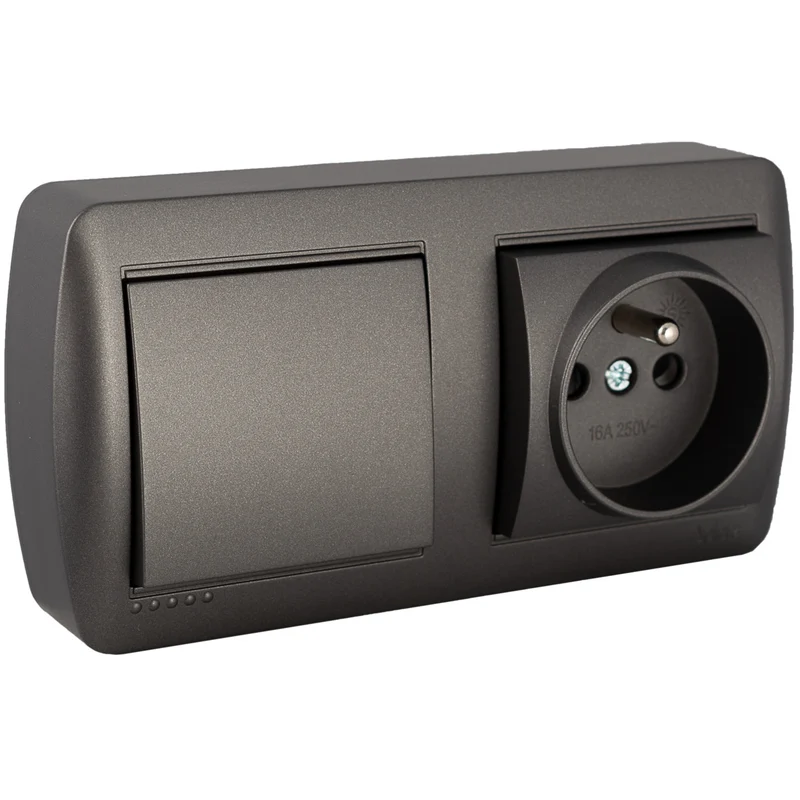 Ensemble prise 2P+T 16A et interrupteur va et vient en saillie - Noir graphite - Solera