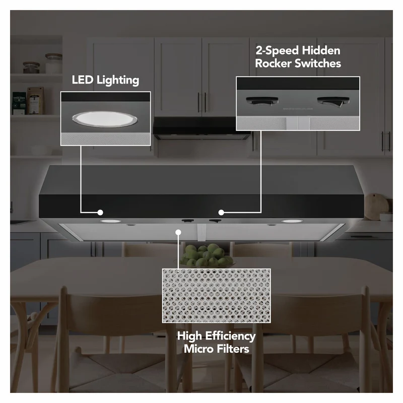 Hotte de cuisine sous-armoire Glacier de 30" avec puissance maximale de 350 pi³ / min, noir