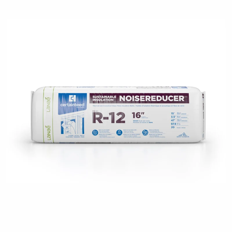 Laine d’isolation thermique et acoustique en fibre de verre R12, 3-1/2" x 15" x 47" (97,9 pi²)
