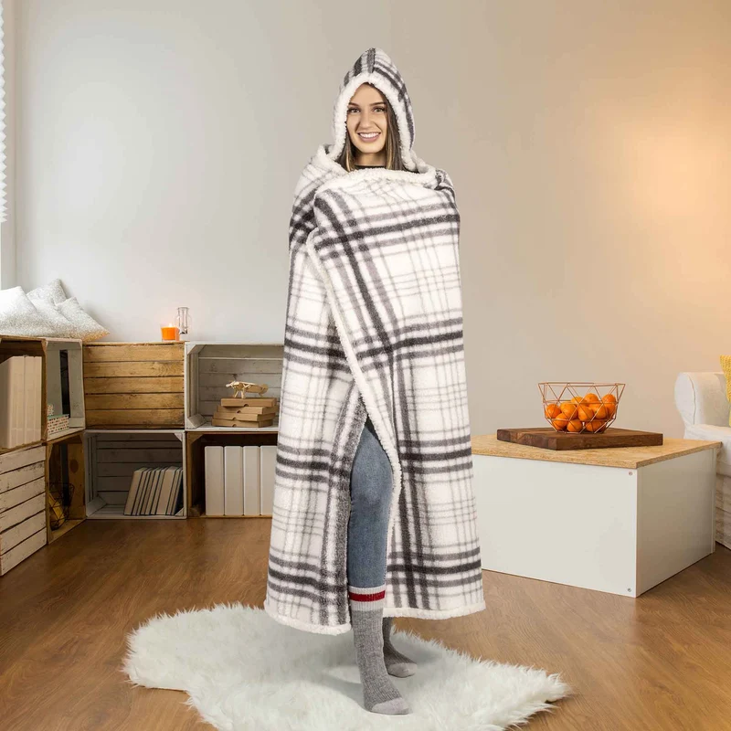 Jeté avec capuchon à imprimé réversible en sherpa, 48'' x 65'' (carreaux gris)