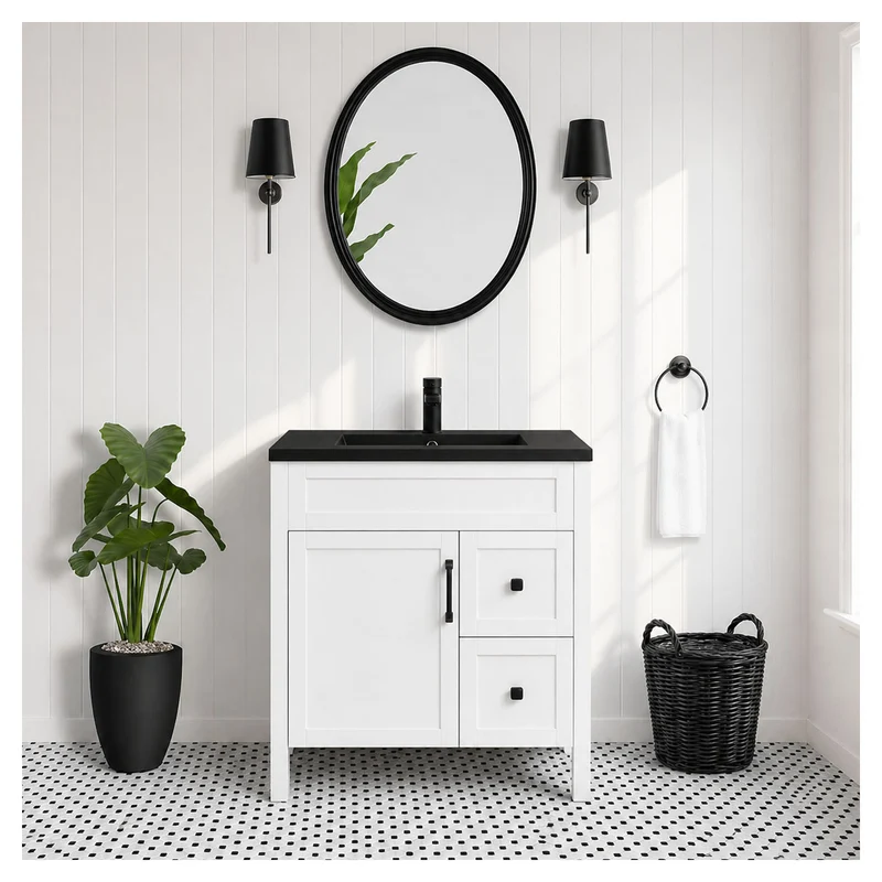 Vanité autoportante Nord en blanc mat avec lavabo Mag en noir mat, 29-3/4'' x 21-1/4'' x 34''
