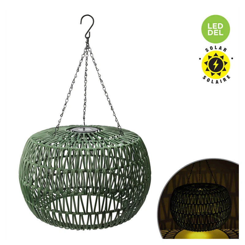 Lampe solaire suspendue avec abat-jour en rotin vert, 11,81" (30 cm)