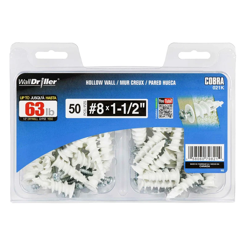 Ancrage en nylon pour mur creux WallDriller #8 x 1-1/2", 50 unités