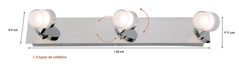 Réglette 3 Spots spécial Salle de Bain IP44 (13,5W 1050lm 3000K) Chrome - Voltman