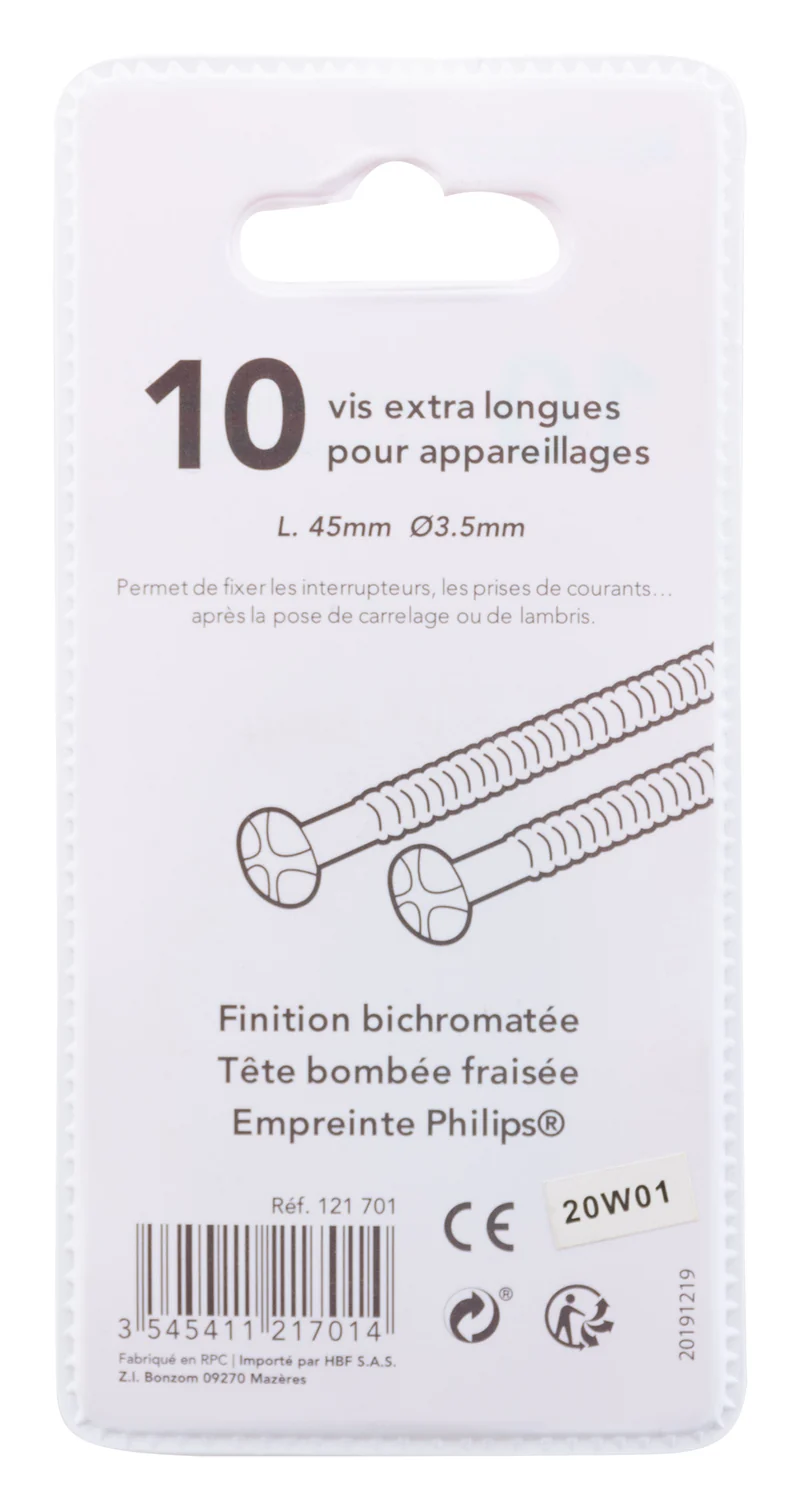Lot de 10 vis de fixation appareillage 45xØ3,5mm - Zenitech