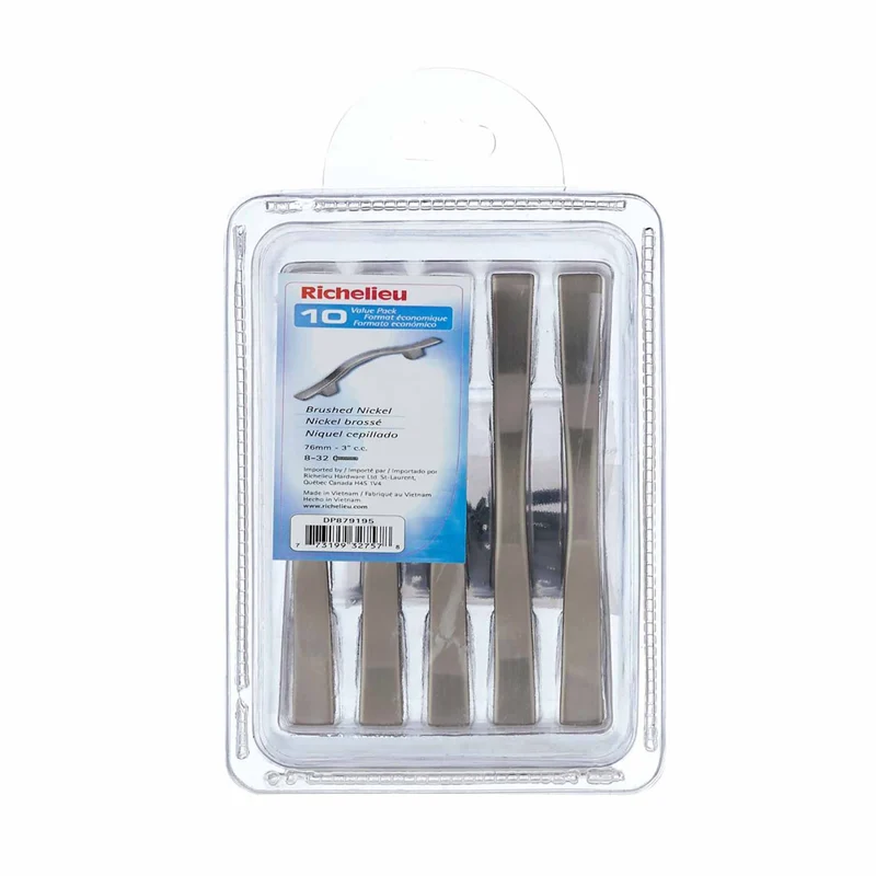 Paquet de 10 poignées traditionnelles en métal nickel brossé # 879, 3'' C/C