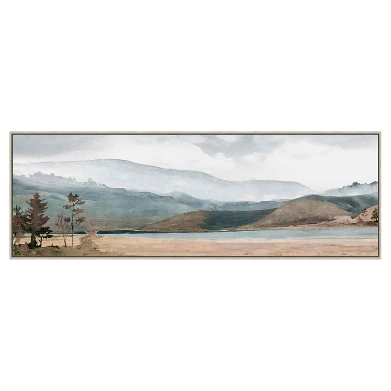 Toile embellie à la main paysage d'un lac avec montagnes, 60'' x 20''