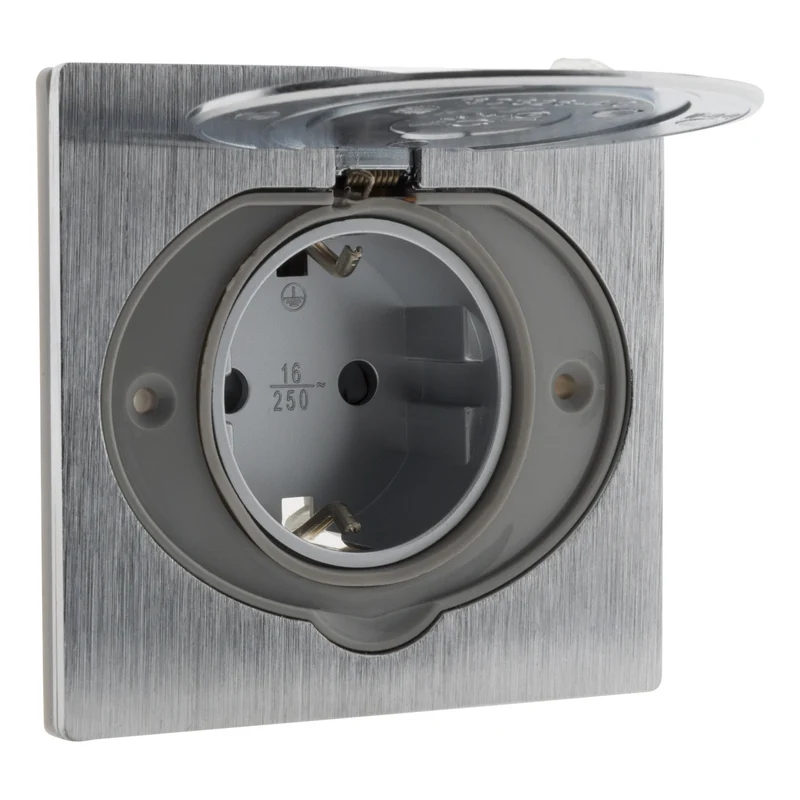 Prise de sol 16A Schuko alu brossé - IP44 + boîte installation - Zenitech
