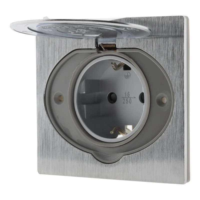 Prise de sol 16A Schuko alu brossé - IP44 + boîte installation - Zenitech