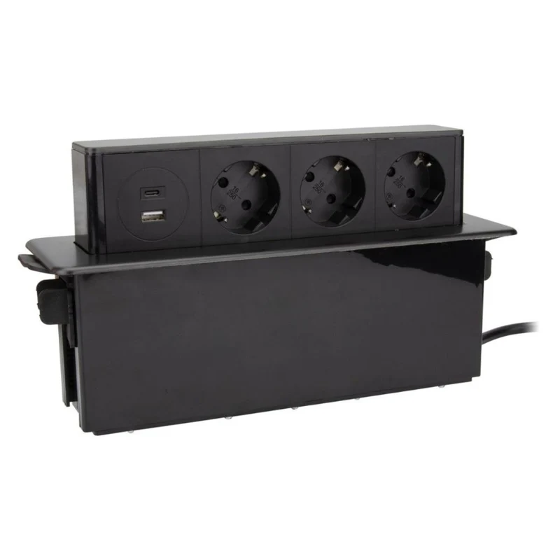 Multiprise rétractable 3 prises Schuko + 2 USB A+C - Noir - Otio