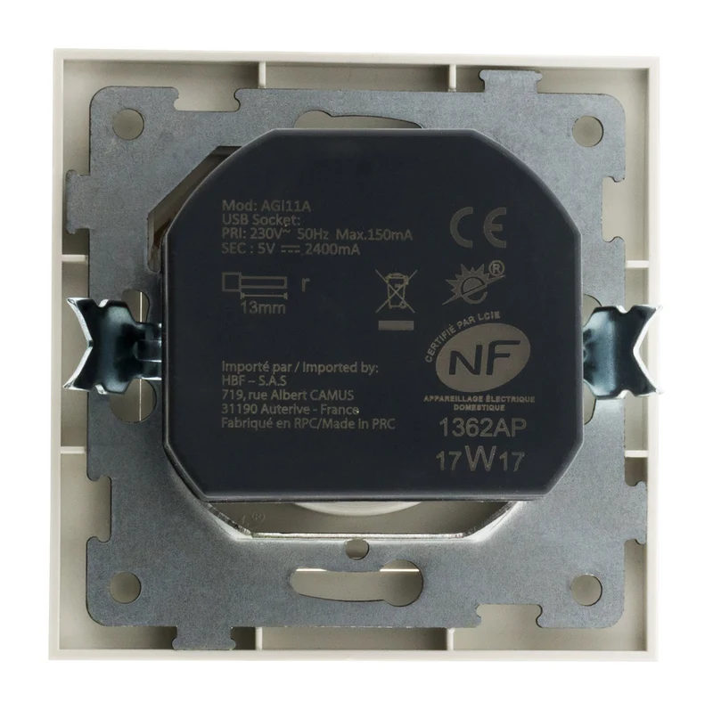 Prise 2P+T 16A encastrable + USB 2,1A - blanc - Zenitech