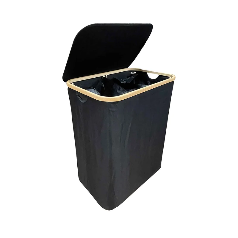 Panier à linge à 2 sections avec couvercle en PVC, noir