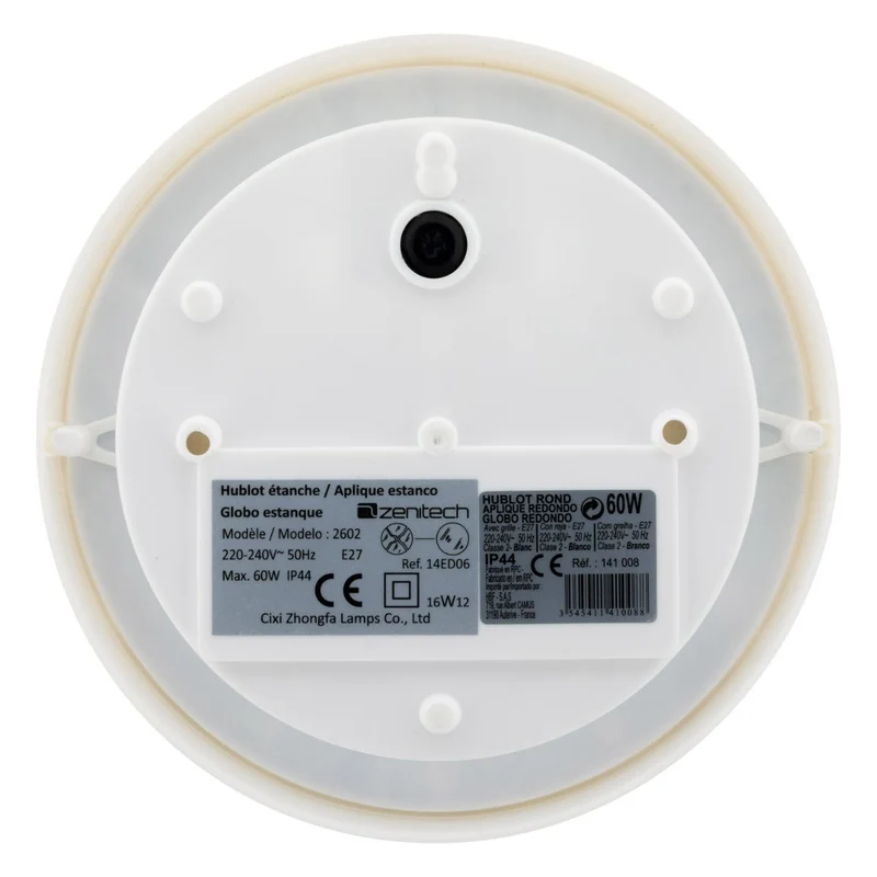 Hublot rond 60W avec grille IP44 E27 Classe II - Blanc - Zenitech