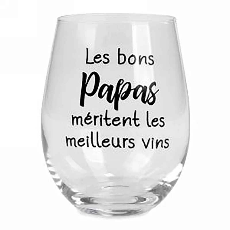 Verre à vin sans pied avec inscription en noir "Les bons Papas…", 3,5" x 5"