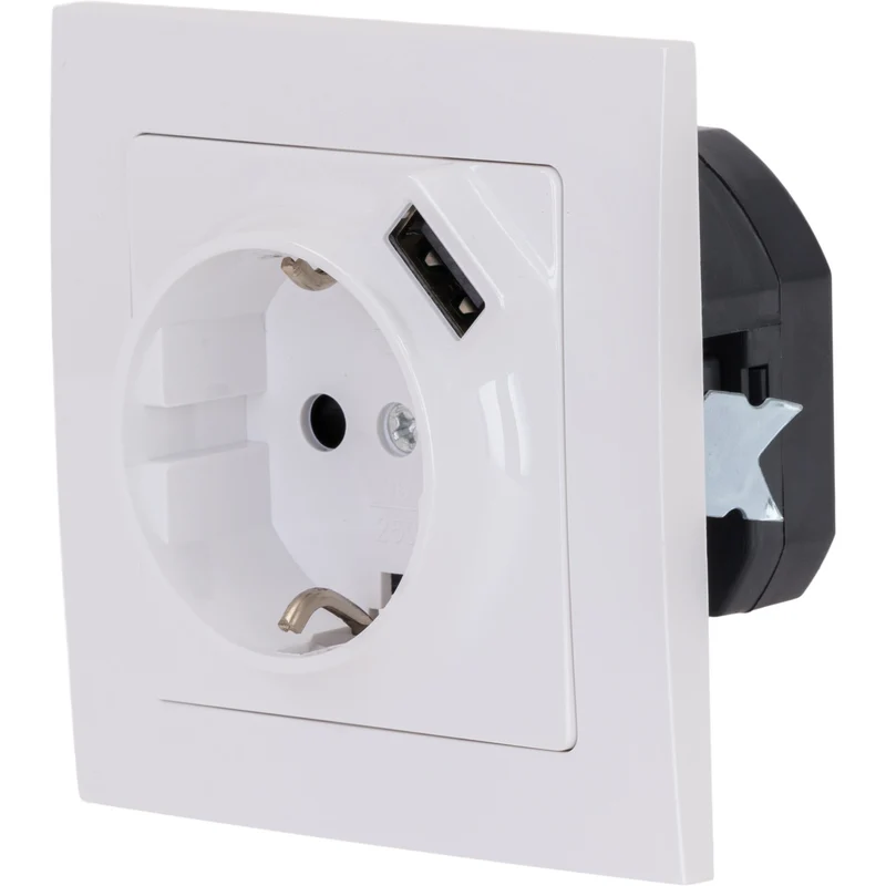 Prise Schuko + USB A encastrés + plaque de finition Kalya - Blanc - Zenitech