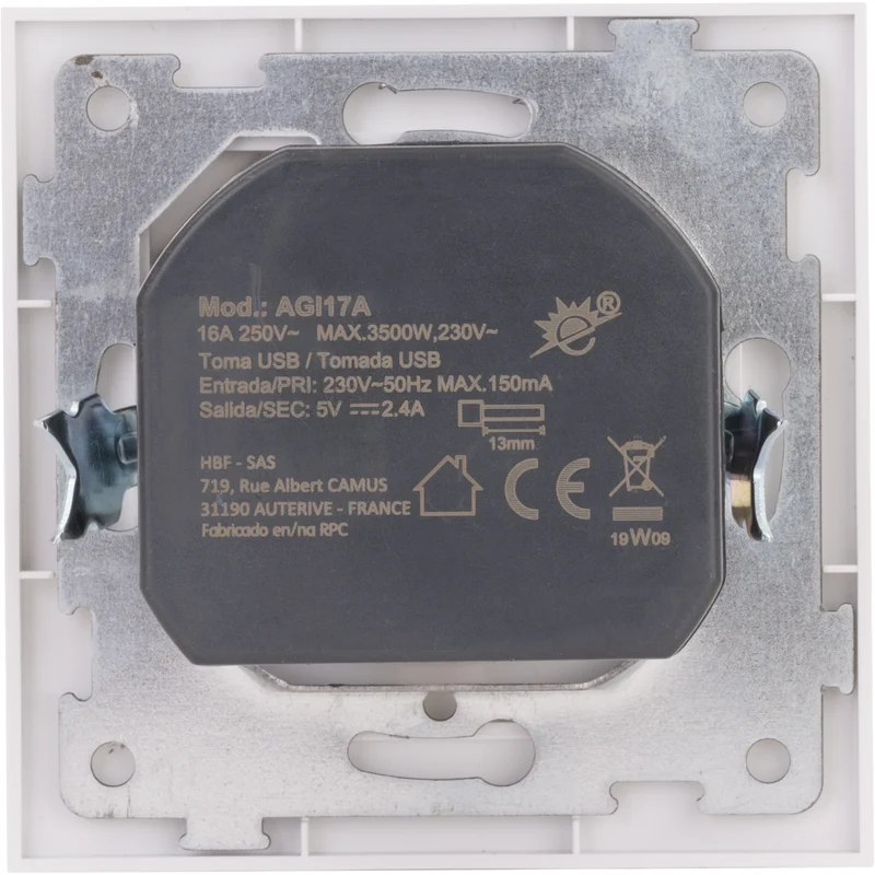 Prise Schuko + USB A encastrés + plaque de finition Kalya - Blanc - Zenitech
