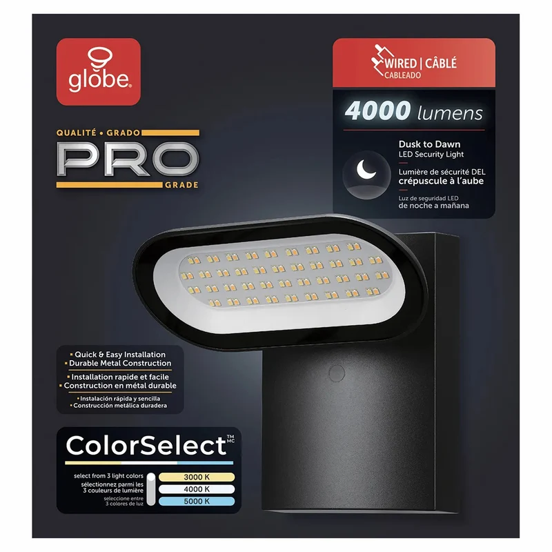 Luminaire de sécurité DEL de 40 W câblé avec fonction crépuscule à l’aube à 1 lumière ColorSelect, noir