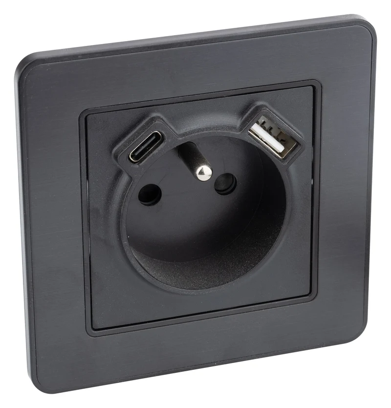 Prise 2P+T 16A USB A + USB-C 2,4A complet - métal Noir brossé Kouro - Zenitech