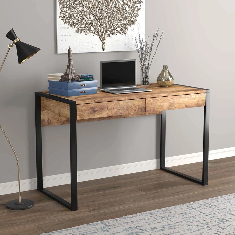 Bureau en bois brun récupéré avec structure en métal noir à 2 tiroirs, 47" x 23" x 30"